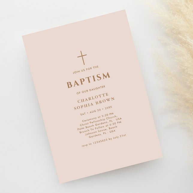 Pink Typography Christening Gold Baptism Girl Invitation (Creator Uploaded)