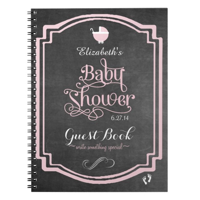 Pink Typography Girls Baby Shower Guestbook Spiral Notebook (Front)