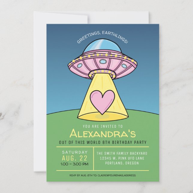 Pink UFO Alien Birthday Party Invitation (Front)