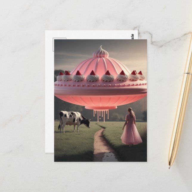Pink UFO Surreal Sweet Treat in Dairy Pasture Postcard (Front/Back In Situ)