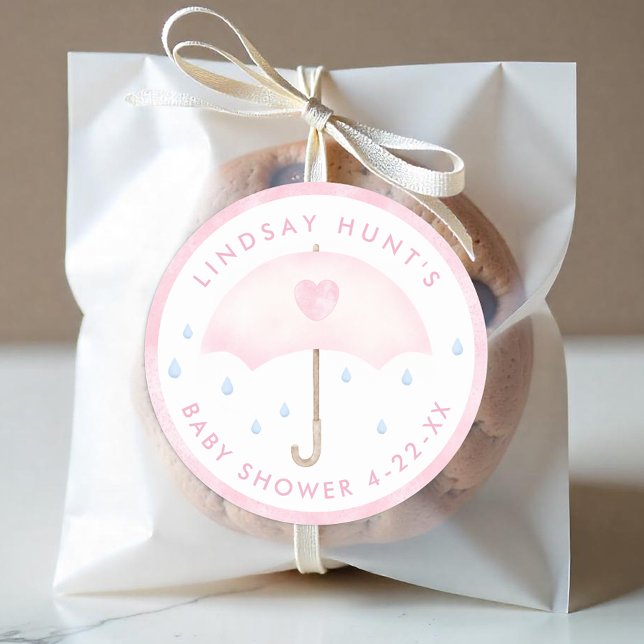 Pink Umbrella Baby Shower Favour Sticker (Pink Umbrella Baby Shower Favor Sticker)