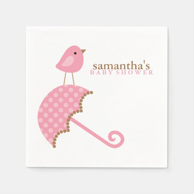 Pink Umbrella Bird Baby Shower Napkin (Front)