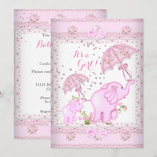 Pink Umbrella Elephant Calf Baby Shower Girl Invitation (Front/Back)