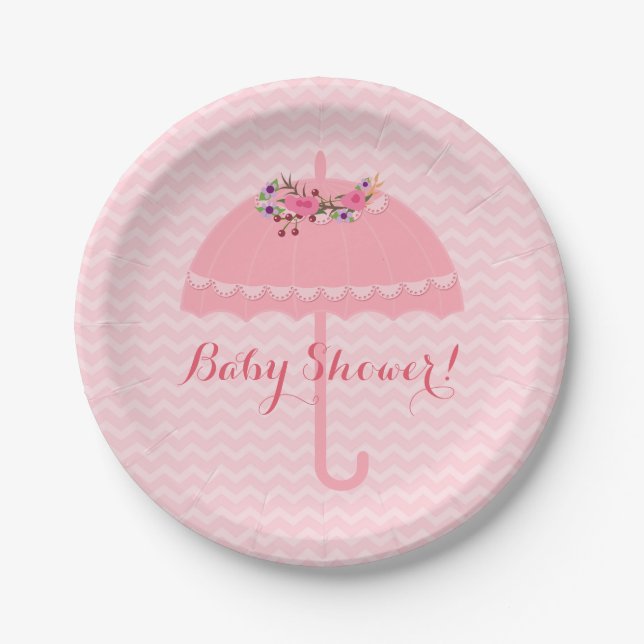 Pink Umbrella Girl Baby Shower Chevron Paper Plate (Front)