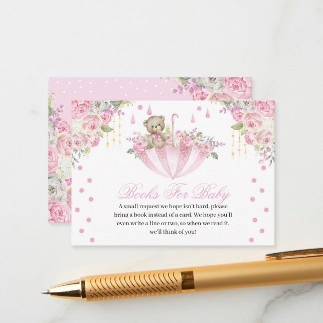 Pink Umbrella Teddy Bear Books for Baby Enclosure  Card (Front/Back In Situ)
