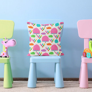 Pink Umbrellas with Clouds and Raindrops Cushion