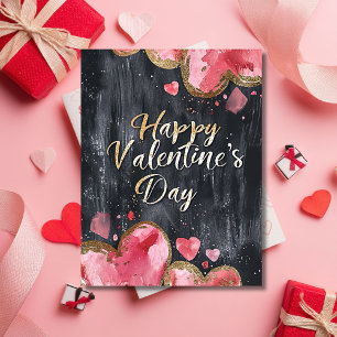 Pink und golden hearts on dark ground Valentine's Postcard