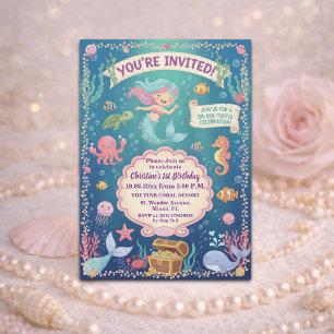 Pink Under the Sea Mermaid 1st Birthday Party Invitation
