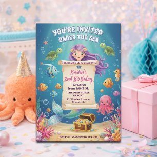 Pink Under the Sea Mermaid 2nd Birthday Party Invitation