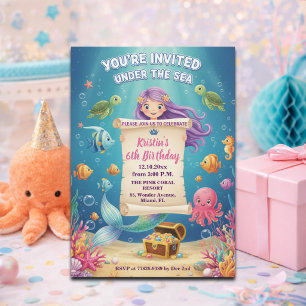 Pink Under the Sea Mermaid 6th Birthday Party Invitation