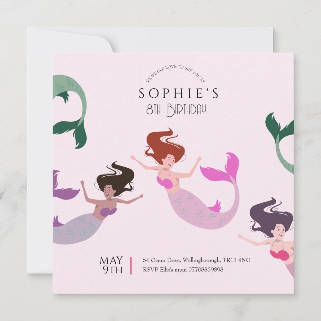 Pink Under the Sea Mermaid Birthday Invitation (Front)