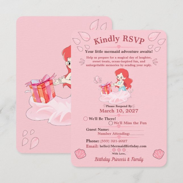 Pink Undersea Birthday RSVP Card Editable (Front/Back)