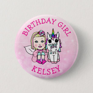 Pink Unicorn and Fairy Birthday Girl 6 Cm Round Badge