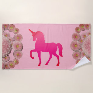 Pink Unicorn and flowers Beach Towel