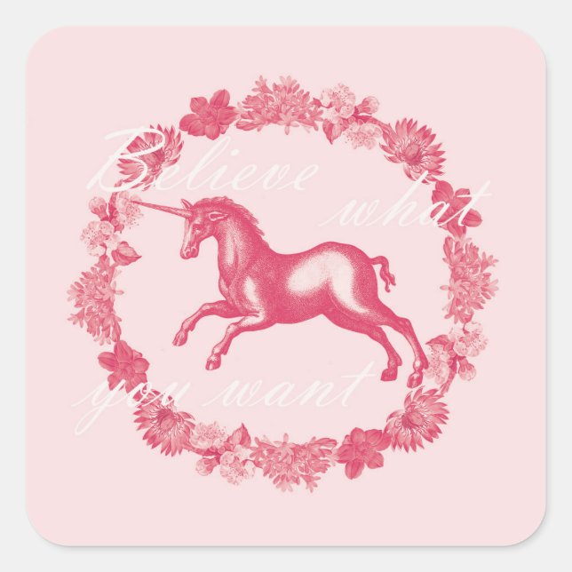 Pink unicorn and flowers square sticker (Front)