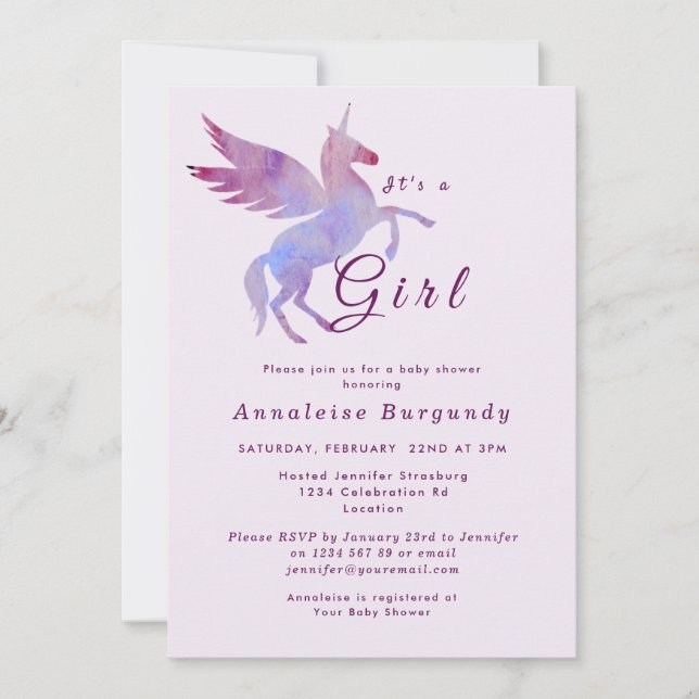 Pink unicorn baby girl shower winged horse invitation (Front)