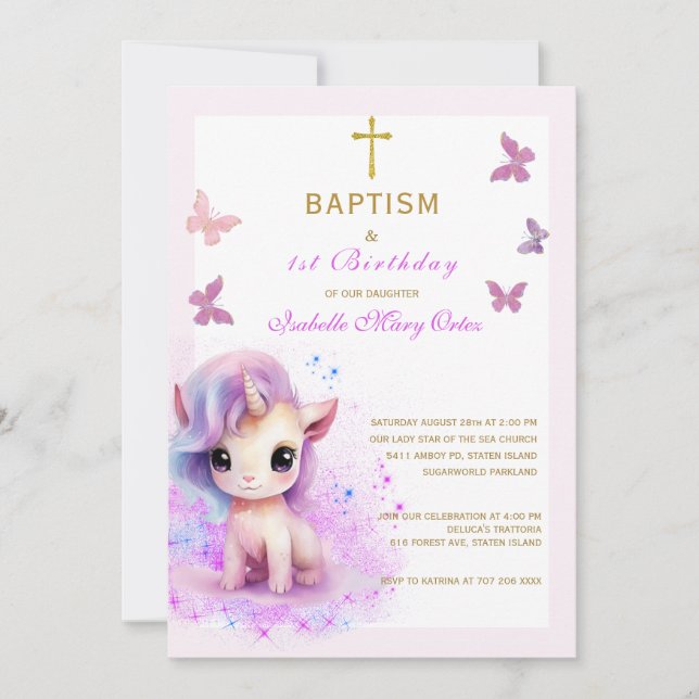 Pink Unicorn Baptism First Birthday Invitation (Front)