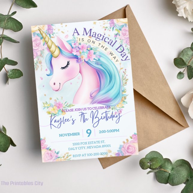 Pink Unicorn Birthday Gold Rainbow Invitation (Creator Uploaded)