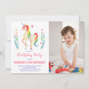 Pink Unicorn Birthday Invitations with photo