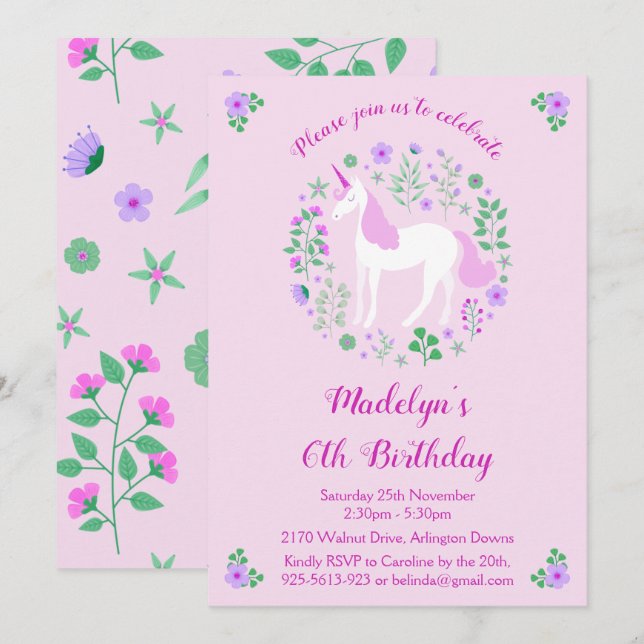 Pink Unicorn Birthday Party Invitation (Front/Back)