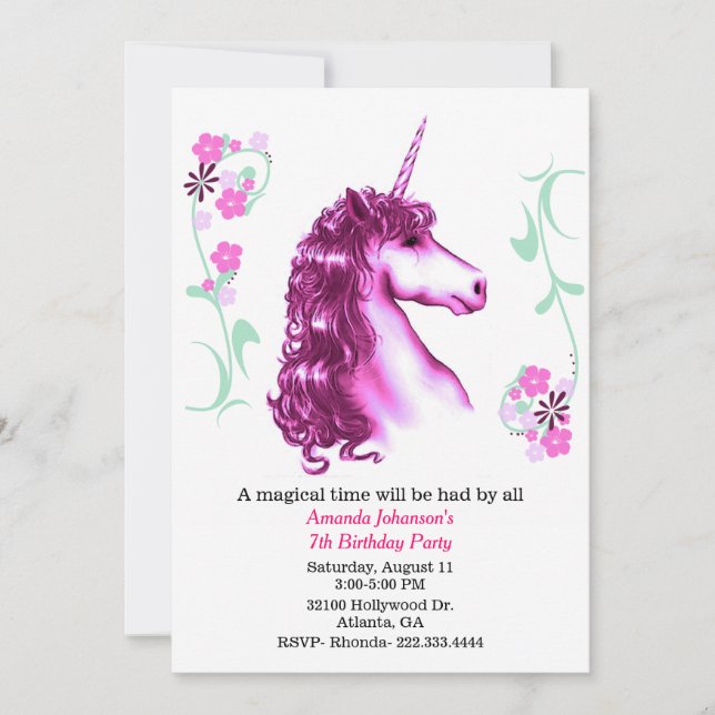 Pink Unicorn Birthday Party Invitation (Front)