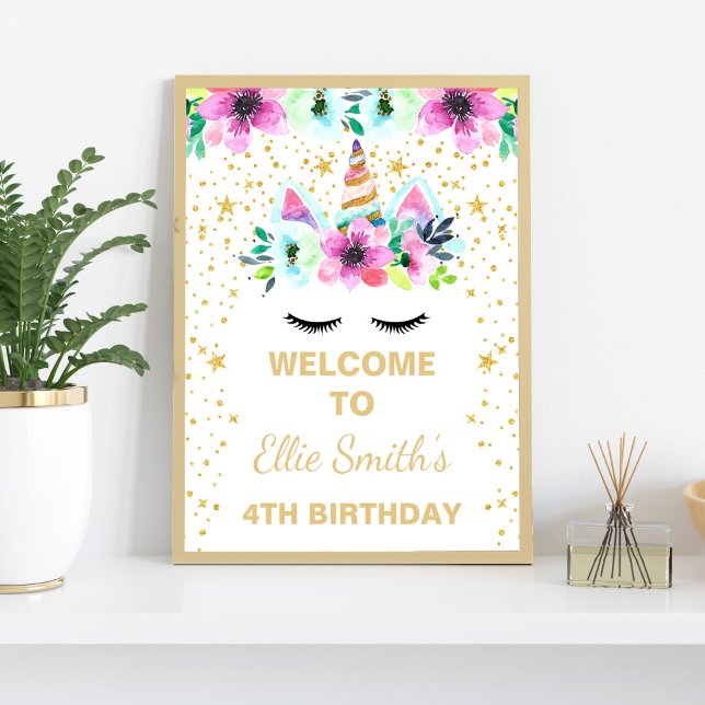 Pink Unicorn Birthday Party Welcome Sign (Pink Unicorn Birthday Welcome Signs)