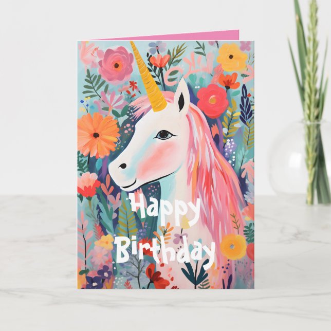 Pink Unicorn Blooming Floral Folded Card (Front)