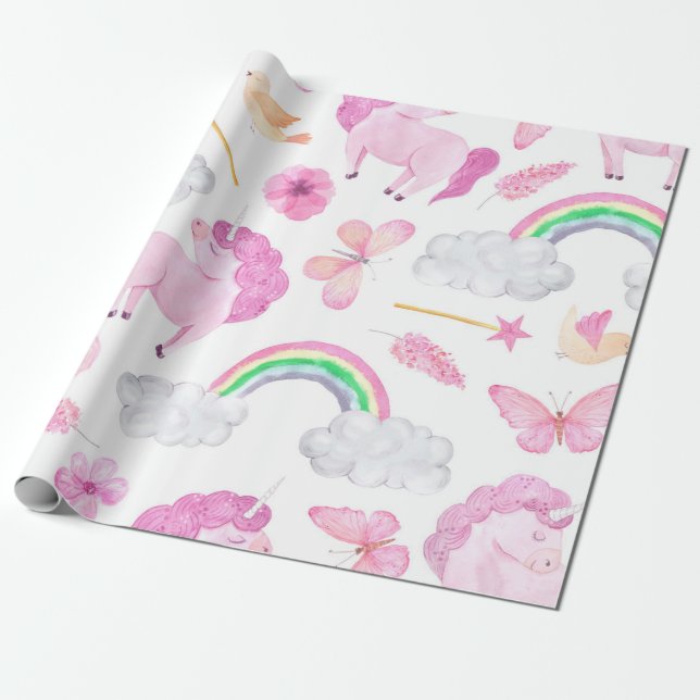 Pink Unicorn Butterflies Girly Cute Wrapping Paper (Unrolled)