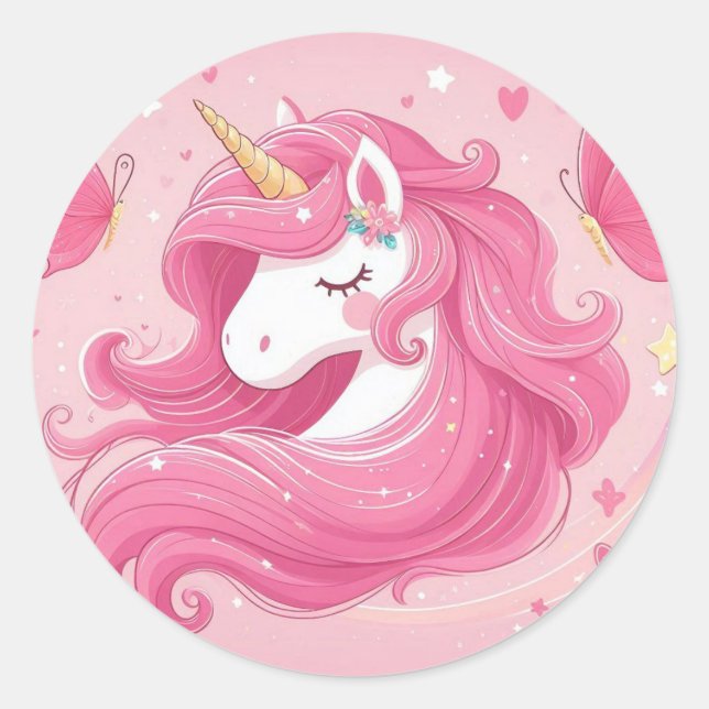 pink unicorn classic round sticker (Front)