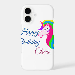 Pink unicorn colourful happy birthday add name tex