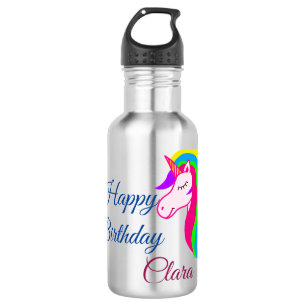 Pink unicorn colourful happy birthday add name tex 532 ml water bottle