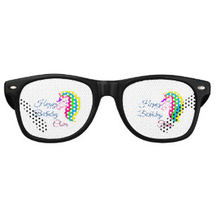 Pink unicorn colourful happy birthday add name tex retro sunglasses