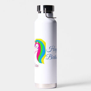 Pink unicorn colourful happy birthday add name tex water bottle