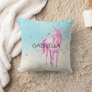 Pink Unicorn Confetti Personalised Name Cushion