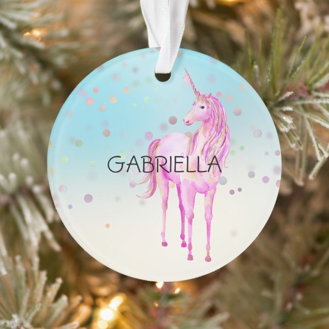 Pink Unicorn Confetti Personalised Name Ornament (Tree)