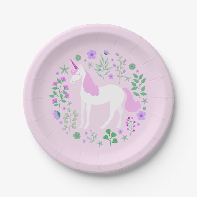 Pink Unicorn Faux Pink Glitter Paper Plate (Front)