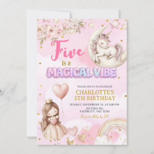 Pink Unicorn Five Is A Magical Vibe Fifth Birthday Invitation