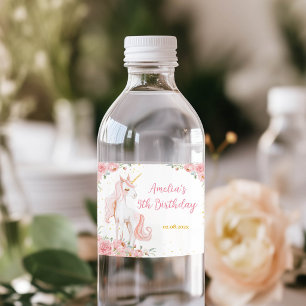 Pink Unicorn Floral Birthday Water Bottle Label