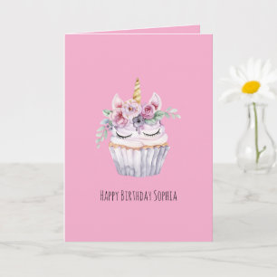 Pink Unicorn Floral Cupcake Birthday Card