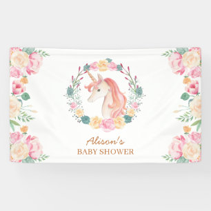 Pink Unicorn Floral Greenery Baby Shower Backdrop Banner