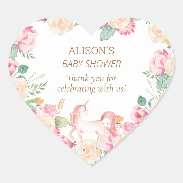 Pink Unicorn Floral Greenery Baby Shower Thank You Heart Sticker (Front)