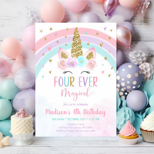 Pink Unicorn Four Ever Magical Birthday Invitation