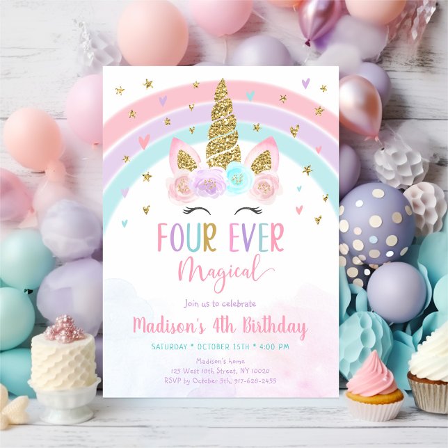Pink Unicorn Four Ever Magical Birthday Invitation (Creator Uploaded)