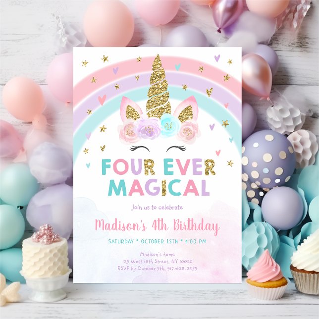 Pink Unicorn Four Ever Magical Birthday Invitation (Creator Uploaded)