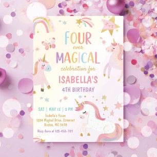 Pink Unicorn Four Ever Magical Birthday  Invitation