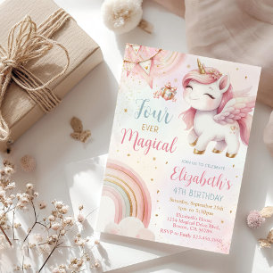 Pink Unicorn Four Ever Magical Birthday Invitation