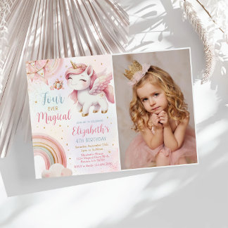 Pink Unicorn Four Ever Magical Birthday Photo Invitation