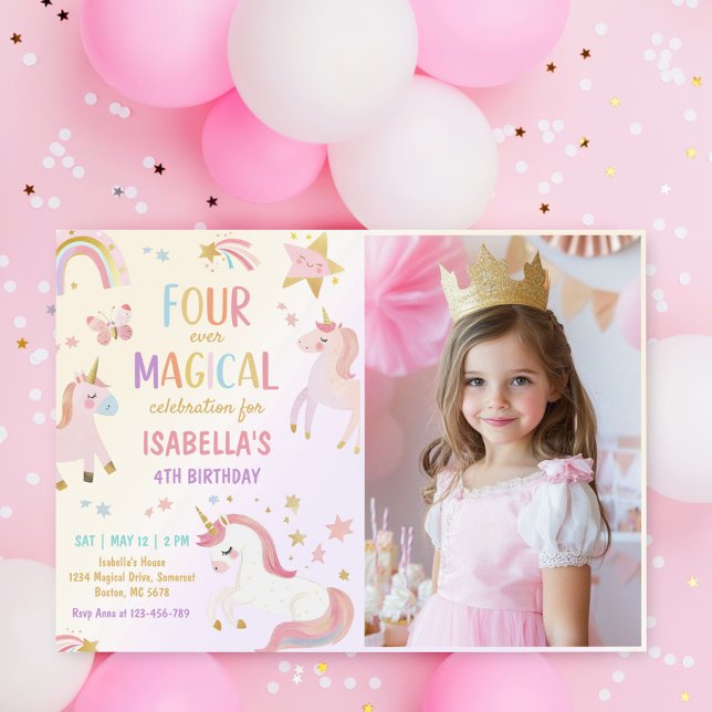 Pink Unicorn Four Ever Magical Birthday Photo Invitation (Creator Uploaded)