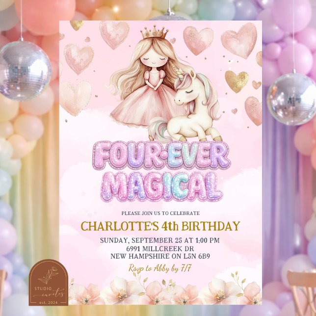Pink Unicorn Four ever Magical Fourth Birthday Invitation (Creator Uploaded)