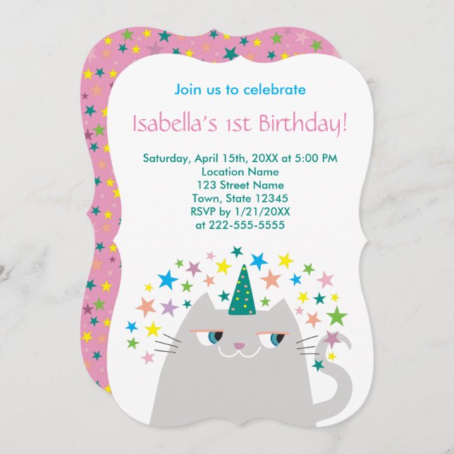 Pink Unicorn Girl 1st Birthday Invitation (Front/Back)